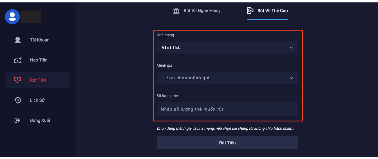 Hướng dẫn rút về thẻ cào